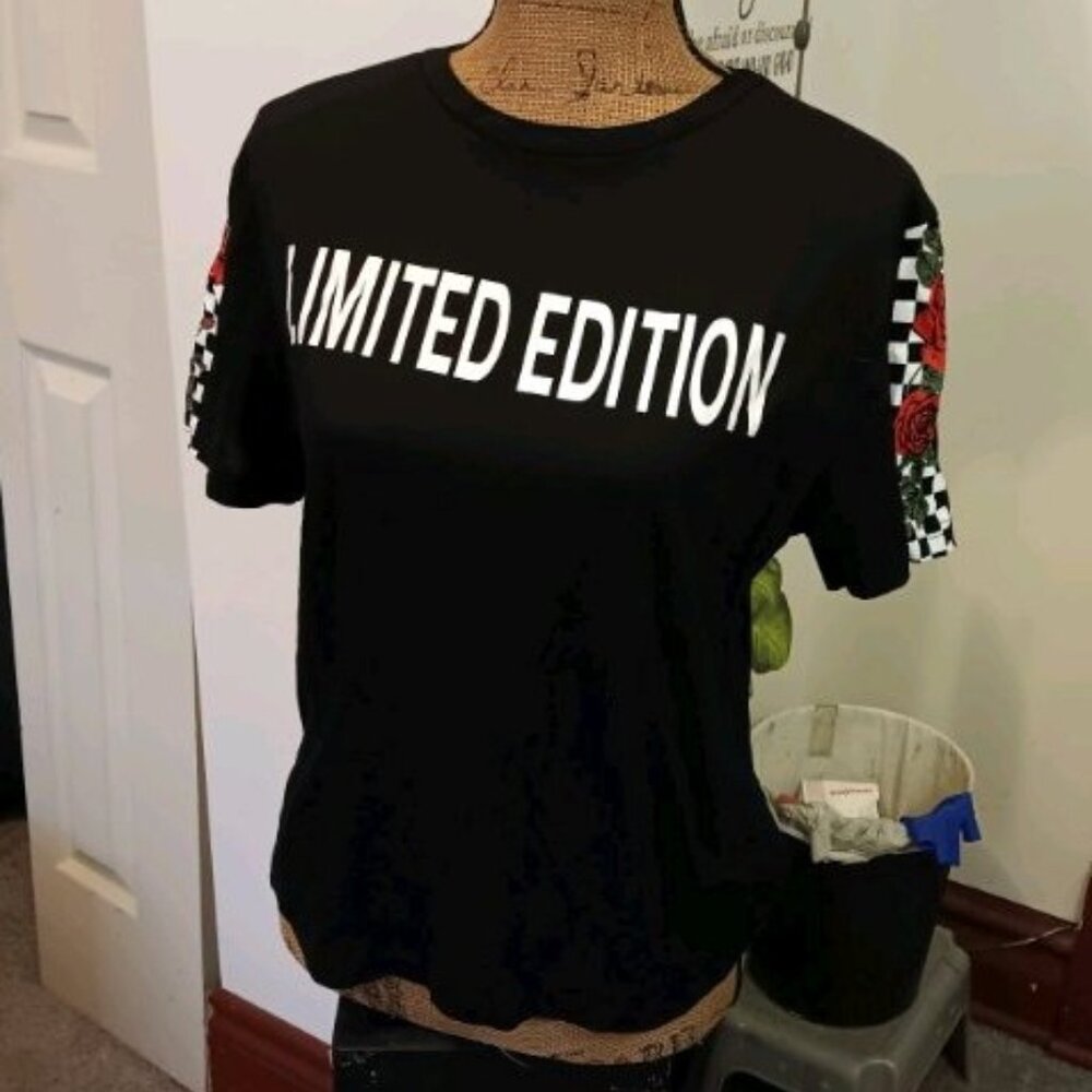 NWOt black "Limited Edition" short-sleeve checkered rose tattoo style crop top